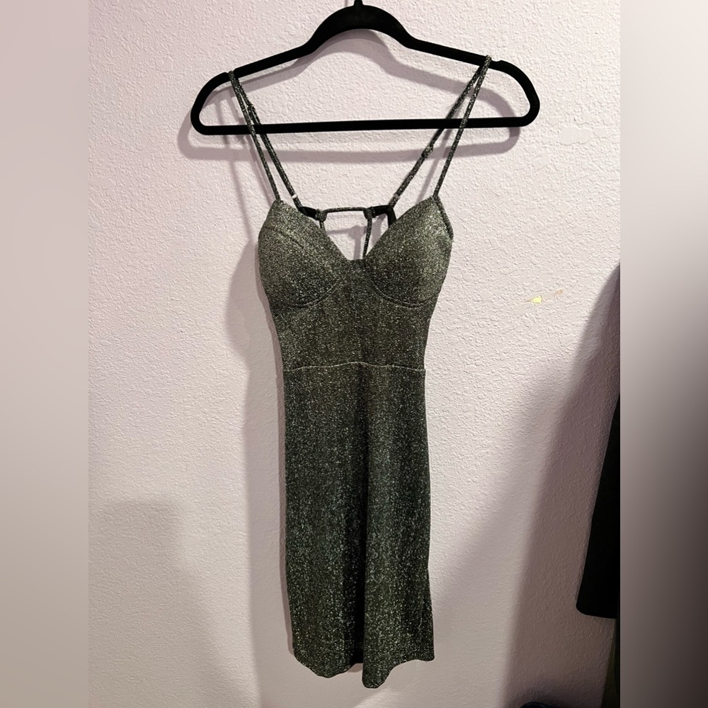 Lulu black and silver glitter dress lace up back, adjustable straps & black slip